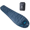 Alpin Loacker Saco de dormir ultraligero en azul oscuro con saco, saco de dormir de plumón sostenible de tamaño pequeño, saco de dormir de 3 estaciones en azul oscuro